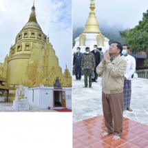 SAC Chairman Prime Minister Senior General Min Aung Hlaing pays homage to ancient historic Kaunghmulon Pagoda, visits Rawang Cultural Museum in Machanbaw Township