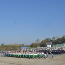 Chairman of State Administration Council Prime Minister Senior General Thadoe Maha Thray Sithu Thadoe Thiri Thudhamma Min Aung Hlaing delivers address at 2023 Diamond Jubilee Independence Day ceremony, takes the salute of parade columns honouring the ceremony