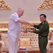 Chairman of State Administration Council Commander-in-Chief of Defence Services Senior General Min Aung Hlaing receives delegation led by Commander-in-Chief of Russian Navy