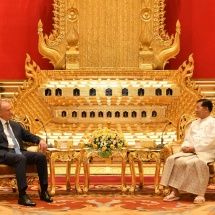 Secretary of Security Council of Russian Federation presents Order of Alexander Nevsky conferred by Russian Federation President Mr. Vladimir Putin on SAC Chairman Prime Minister Senior General Min Aung Hlaing; they discuss promotion of bilateral cooperation