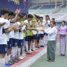 Chairman of State Administration Council Prime Minister Senior General Min Aung Hlaing enjoys Soccer Championship Final of all universities under Ministry of Science and Technology, prize presentation ceremony