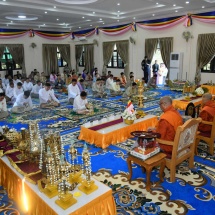 Religious objects kept into upper reliquary, golden umbrella hoisted atop Myodaw Hteikpan Mingala Pagoda in Pyinmana of Nay Pyi Taw with Maha consecration