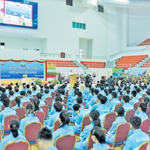 SAC Chairman Prime Minister Senior General Min Aung Hlaing delivers address at the ceremony to handover the flag for victory to Myanmar sports teams bound for XXXII SEA Games