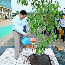 Chairman of State Administration Council Prime Minister Senior General Min Aung Hlaing attends first monsoon tree-planting ceremony for 2024 of Nay Pyi Taw, Union Territory and plants khayay sapling