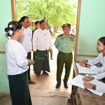 Chairman of State Administration Council Commander-in-Chief of Defence Services Senior General Min Aung Hlaing, wife Daw Kyu Kyu Hla encourage peaceful learning activities of students in B.E.H.S-5 (Shande)