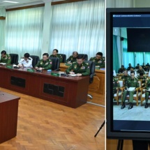 Chairman of State Administration Council Commander-in-Chief of Defence Services Senior General Min Aung Hlaing addresses senior officer instructors and senior officer trainees of National Defence College through video conferencing