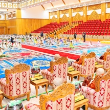 Chairman of State Administration Council Prime MinisterSenior General Min  Aung Hlaing and Daw Kyu Kyu Hla offerday meal to Sayadaws who will receive  religious titles in 2024