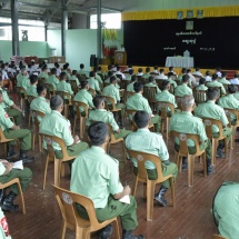 SAC Chairman Prime Minister Senior General Min Aung Hlaing gives words of encouragement to departmental personnel, town elders from disaster hit Yathedaung and Buthidaung townships of Rakhine State, officers, other ranks and families from stations, fulfills necessary requirements