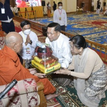 Ceremony to offer alms and day meal to the Sayadaws held tomark Buddha  Day on Full Moon Day of Kason; Chairman of State Administration Council Prime Minister Senior General Min Aung Hlaing and wife Daw Kyu Kyu Hla attend the ceremony