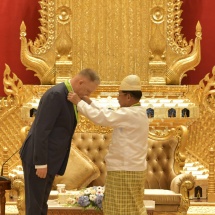 SAC Chairman Prime Minister Senior General Thadoe Maha Thray Sithu Thadoe Thiri Thudhamma Min Aung Hlaing confers honorary title on Russian Ambassador to Myanmar