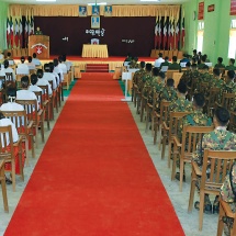 SAC Chairman Commander-in-Chief of Defence Services Senior General Min Aung Hlaing meets officers, other ranks, families of Sittwe and Kanni stations