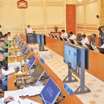 Chairman of State Administration Council Prime Minister Senior General Min Aung Hlaing addresses meeting to increase basic foodstuff production