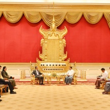 Chairman of the State Administration Council Prime Minister Senior General Min Aung Hlaing receives delegation led by  member of Politburo of Chinese Communist Party Central Committee and Minister of Foreign Affairs H. E. Mr. Wang Yi