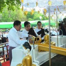 Chairman of State Administration Council Prime Minister Senior General Min Aung Hlaing and Daw Kyu Kyu Hla; SAC members and wives held Kason water pouring ceremony