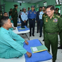 SAC Chairman Commander-in-Chief of Defence Services Senior General Min Aung Hlaing inspects undertakings of peace and stability in the area of Southern Command, comforts security force members receiving medical treatments at the Tatmadaw hospital in Taungoo