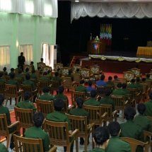 SAC Chairman Commander-in-Chief of Defence Services Senior General Min Aung Hlaing meets senior officer instructors, female cadets of graduate female cadet course and female trainee officers from female infantry platoon course of Tatmadaw (Army) Officers Training School (Hmawby)