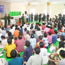 Chairman of State Administration Council Commander-in-Chief of Defence Services Senior General Min Aung Hlaing visits flood victims at Mingala Byuha Sasana Beikman relief camp in Pyinmana, gives words of encouragement and aid