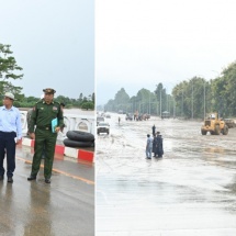 နိုင်ငံတော်စီမံအုပ်ချုပ်ရေးကောင်စီဥက္ကဋ္ဌ တပ်မတော်ကာကွယ်ရေးဦးစီးချုပ်ဗိုလ်ချုပ်မှူးကြီး မင်းအောင်လှိုင်နေပြည်တော်ကောင်စီနယ်မြေအတွင်း မိုးအဆက်မပြတ်ရွာသွန်းမှုကြောင့် ပျက်စီးမှုများဖြစ်ပေါ်ခဲ့သည့် လမ်းတံတားများ ပြန်လည်ပြုပြင်ဆောင်ရွက်နေမှုနှင့် ရေကြီးရေလျှံမှုအခြေအနေများအား လိုက်လံကြည့်ရှုစစ်ဆေး