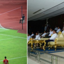 Chairman of State Administration Council Prime Minister Senior General Min Aung Hlaing enjoys final of 2024 interministerial universities’  football tournament and gives away prizes  