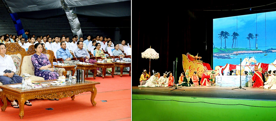 Chairman of State Administration Council Prime Minister Senior General Min Aung Hlaing and wife Daw Kyu Kyu Hla enjoy Maha Janaka drama of silver jubilee commemorative 25th Myanmar Traditional Cultural Performing Arts Competitions