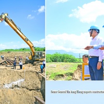 Chairman of State Administration Council Prime Minister Senior General Min Aung Hlaing inspects damage caused by floods and repair of damaged parts of Thasi-Mandalay railroad section and Samon creek bridge