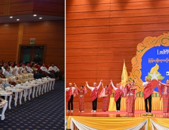 SAC Chairman Prime Minister Senior General Min Aung Hlaing, his wife Daw Kyu Kyu Hla enjoy participation of contestants in 25th Performing