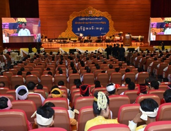 Chairman of State Administration Council Prime Minister Senior General Min Aung Hlaing addresses opening ceremony of silver jubilee commemorative 25th Myanmar Traditional Cultural Performing Arts Competitions