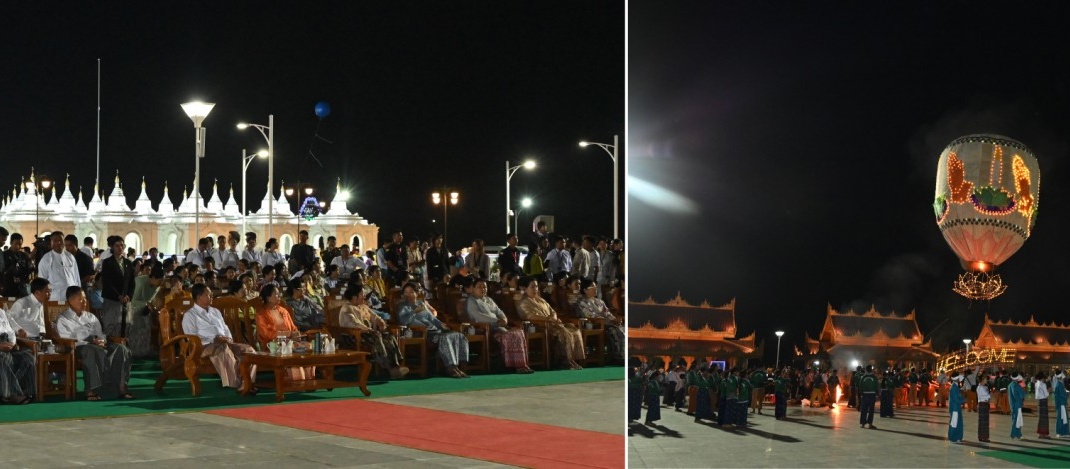 Chairman of State Administration Council Prime Minister Senior General Min Aung Hlaing and wife Daw Kyu Kyu Hla attend second Matho Shwekya Robes  weaving and offering ceremony of Maravijaya Buddha Image