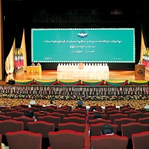 Chairman of State Administration Council Commander-in-Chief of Defence Services Senior General Maha Thray Sithu Min Aung Hlaing attends a ceremony to confer military gallantry and excellent performance medals and certificates on winners