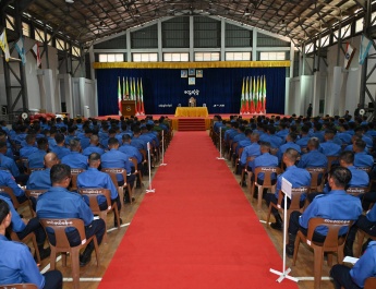 Chairman of State Administration Council Commander-in-Chief of Defence Services Senior General Min Aung Hlaing delivers address to officers, other ranks of families of Thanlyin Station in Yangon Command