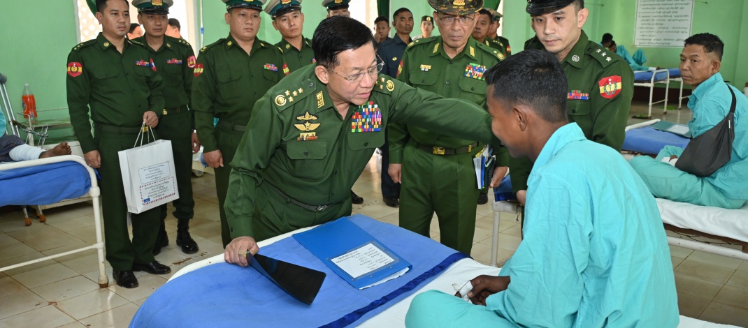 Chairman of State Administration Council Commander-in-Chief of Defence Services Senior General Min Aung Hlaing inspects local agriculture battalion and local military hospital in Bahtoo Station