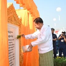 Chairman of State Administration Council Prime Minister Senior General Min Aung Hlaing attends opening ceremony of Hseshe Bridge reconstructed in its original style near Hseshe Gate at western wall of Mandalay Palace