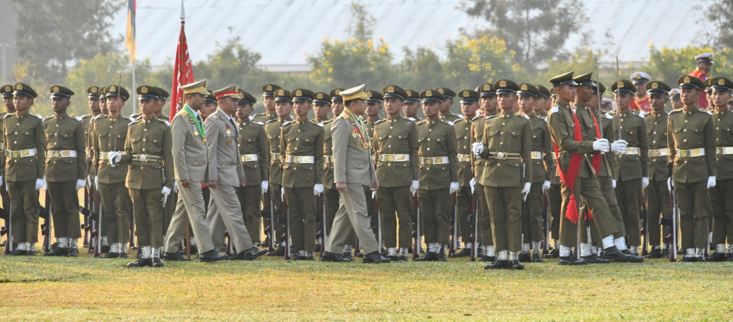 Chairman of State Administration Council Commander-in-Chief of Defence Services Senior General Thadoe Maha Thray Sithu Thadoe Thiri Thudhamma Min Aung Hlaing delivers address at Passing out Parade of Thura Company of 128th Intake of Officers Training Course of Defence Services (Army) Officers Training School (Bahtoo)