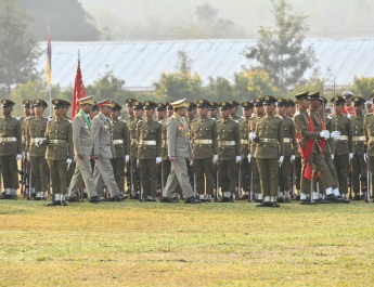 Chairman of State Administration Council Commander-in-Chief of Defence Services Senior General Thadoe Maha Thray Sithu Thadoe Thiri Thudhamma Min Aung Hlaing delivers address at Passing out Parade of Thura Company of 128th Intake of Officers Training Course of Defence Services (Army) Officers Training School (Bahtoo)