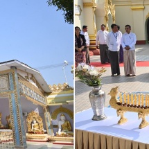 Chairman of State Administration Council Prime Minister Senior General Min Aung Hlaing and wife Daw Kyu Kyu Hla ask after the health of Chief Patron Sayadaw of Maha Wizitayon Pariyatti School, Chanayethazan Township, Mandalay and Sayadaw of Maha Gandayon Monastery, attend to their needs, and pay homage to Shwekyeemyin Pagoda